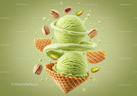 Green Pistachio Ice Cream Scoops with Waffle Cone Pieces