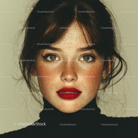 Young Woman with Freckles and Red Lipstick in Studio Portrait