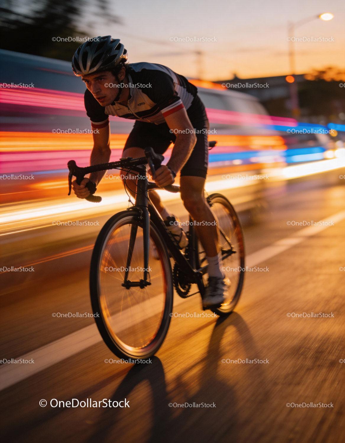Focused cyclist speeding through city streets at dusk