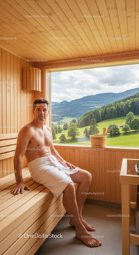 Relaxing Man in Sauna with Scenic Mountain View