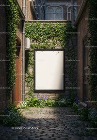Blank Poster Surrounded by Green Ivy and Flowers on Stone Wall