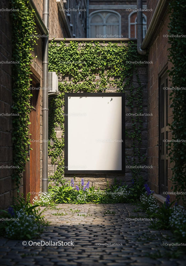 Blank Poster Surrounded by Green Ivy and Flowers on Stone Wall JPG Mockup Image