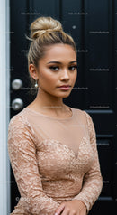 Elegant Woman in Lace Dress with Soft Makeup