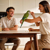 Couple Enjoying Time with Their Green Parrot at Home