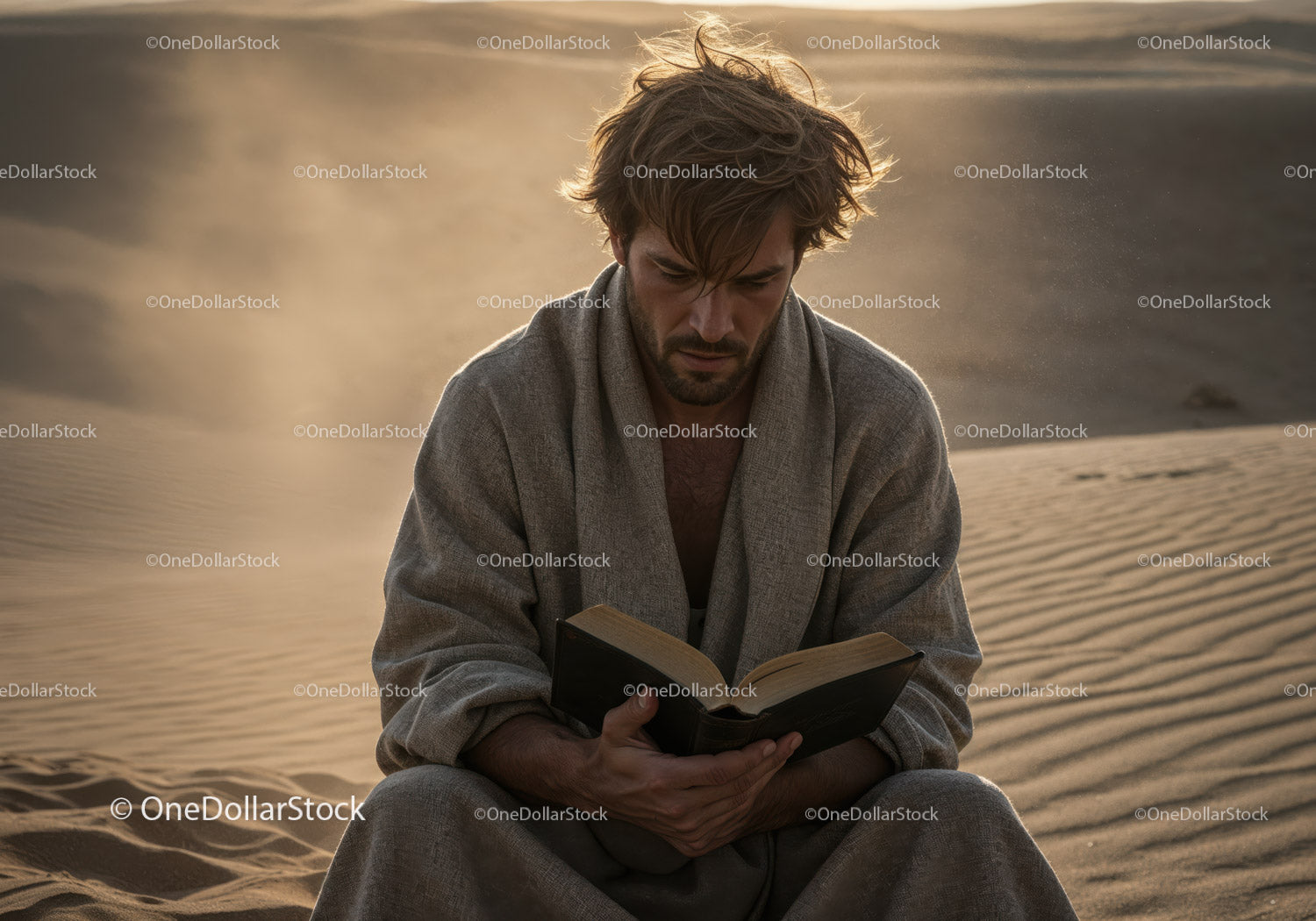 Contemplative Man Reading Book in Desert at Sunset