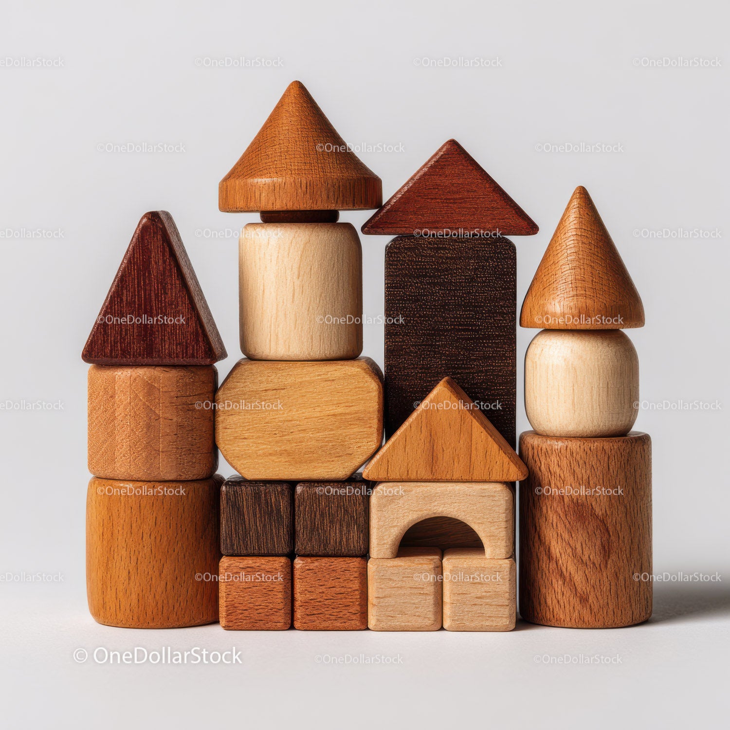 Set of Colorful Wooden Blocks and Shapes for Children's Play