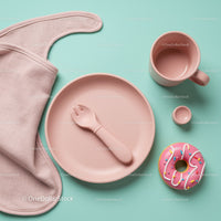 Minimalist Baby Feeding Set with Donut Toy on Blue