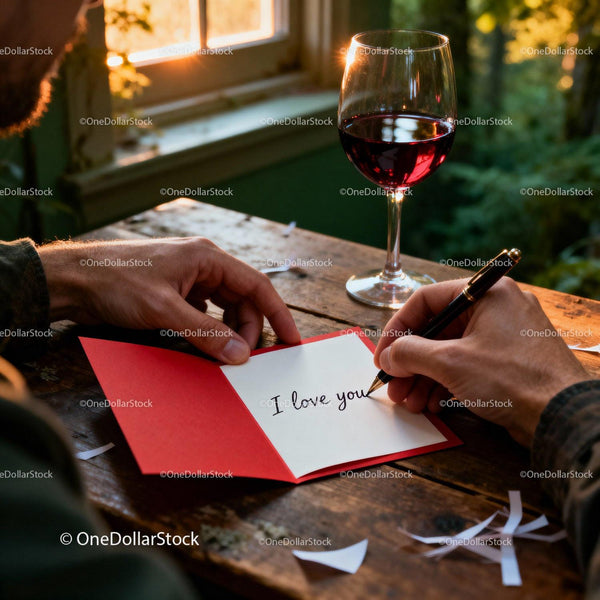 Man writing heartfelt love note with wine glass nearby