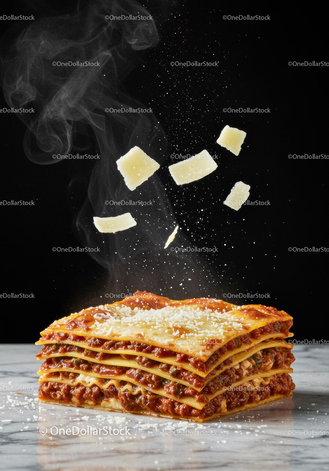 Freshly cooked lasagna with falling Parmesan cheese