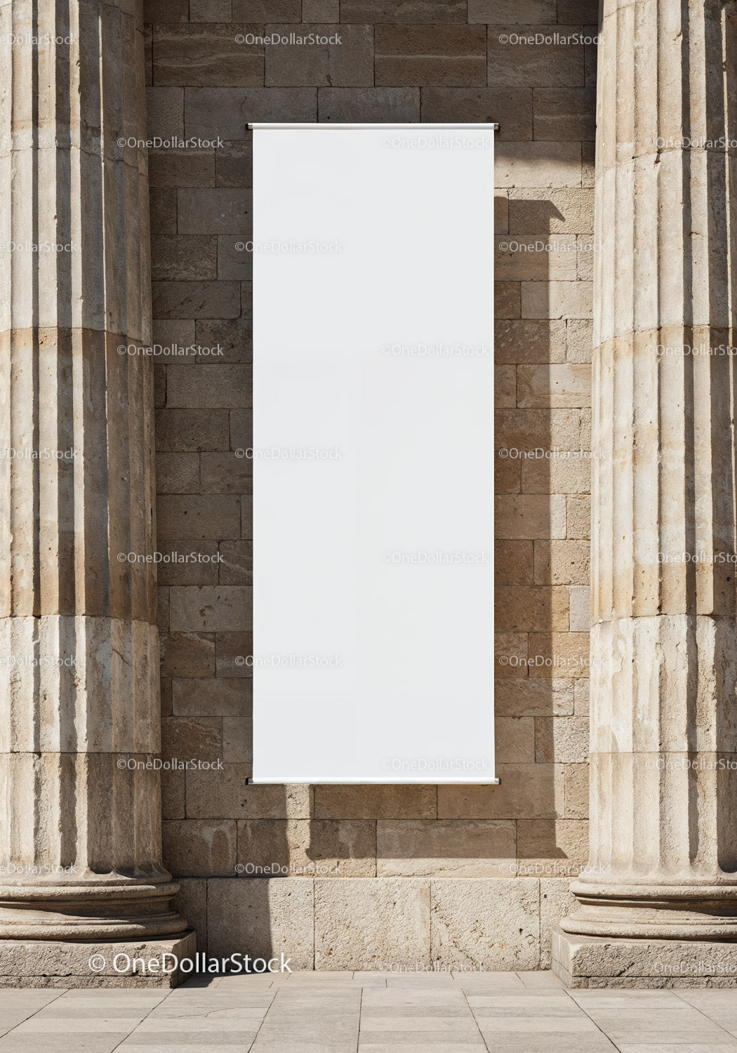 Blank White Banner Hanging Between Stone Columns