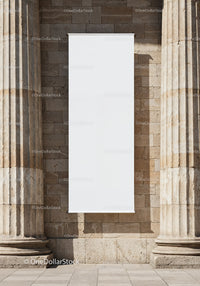 Blank White Banner Hanging Between Stone Columns