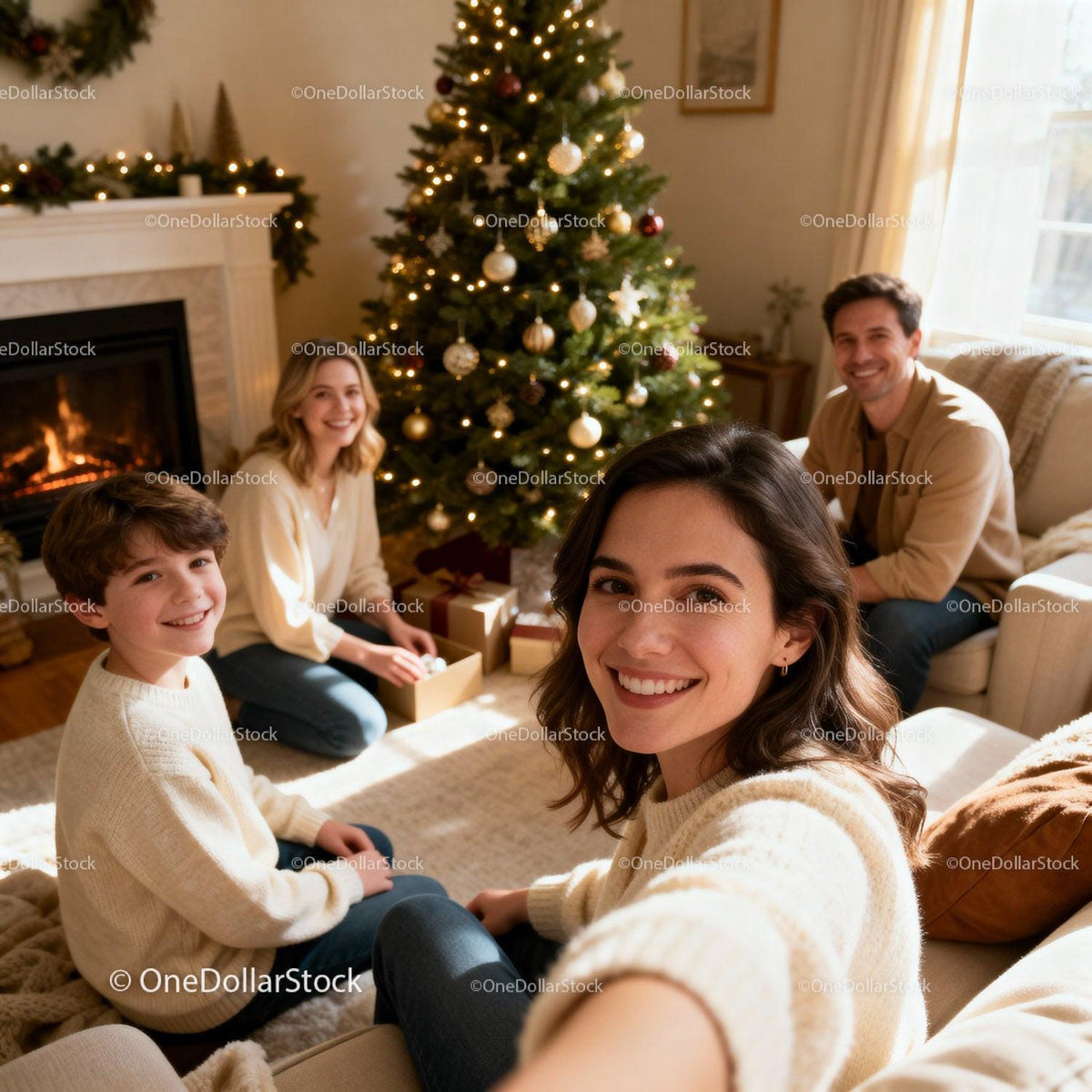 Smiling family enjoying cozy Christmas morning together