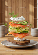 Fresh salmon and cucumber open sandwich with cream dill