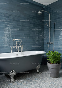 Classic clawfoot bathtub with modern blue tile bathroom