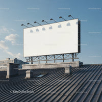 Empty White Billboard on Urban Rooftop Against Sky