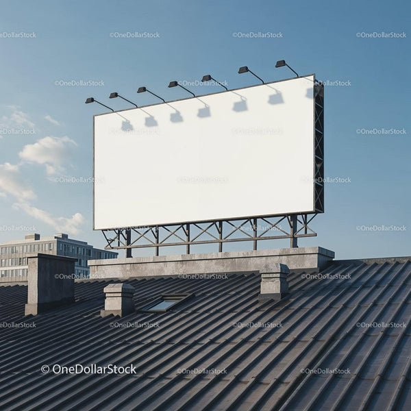 Empty White Billboard on Urban Rooftop Against Sky JPG Mockup Image