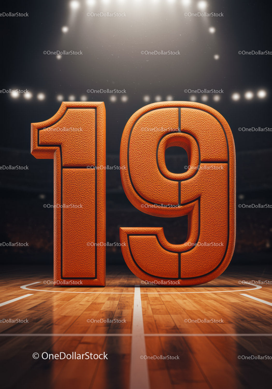 Basketball Styled Number Nineteen on Court Floor