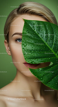 Close-up of Woman with Green Leaf and Water Droplets