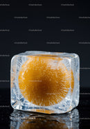 Frozen orange slice encased in clear ice cube