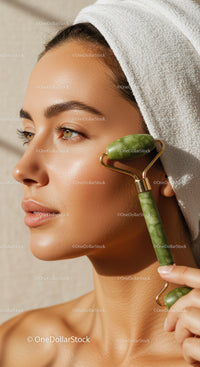 Young Woman Using Jade Roller for Facial Skincare with Clear Skin and Glow