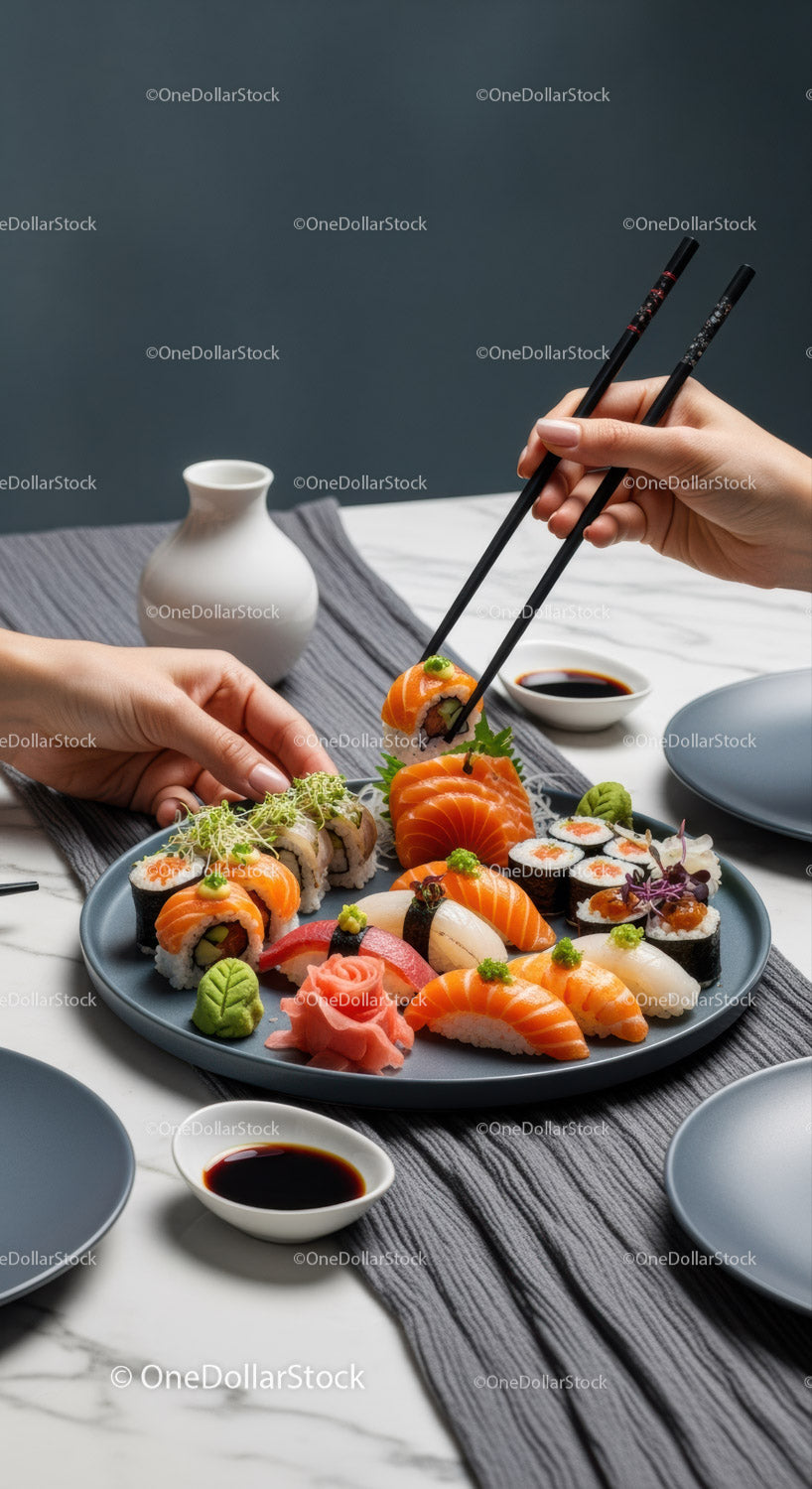 Colorful Sushi Platter with Nigiri and Rolls Served with Soy Sauce