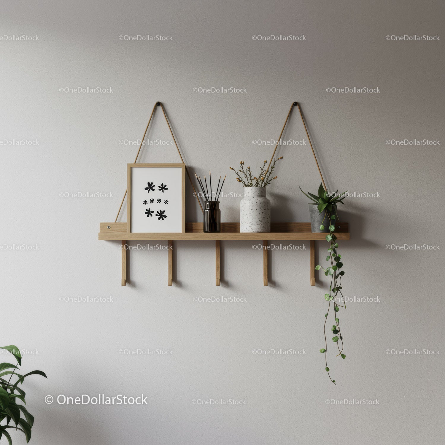 Elegant Wooden Wall Shelf with Plants and Decorative Vases
