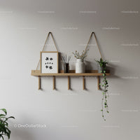 Elegant Wooden Wall Shelf with Plants and Decorative Vases