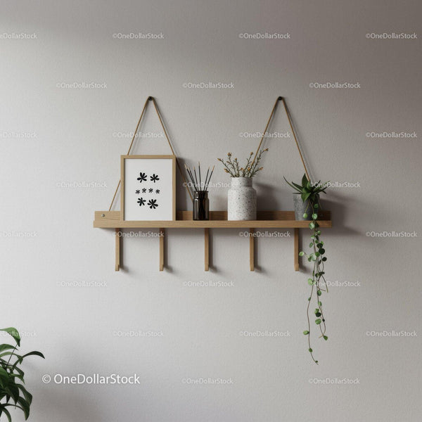 Elegant Wooden Wall Shelf with Plants and Decorative Vases