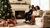 Family enjoying cozy Christmas by the fireplace