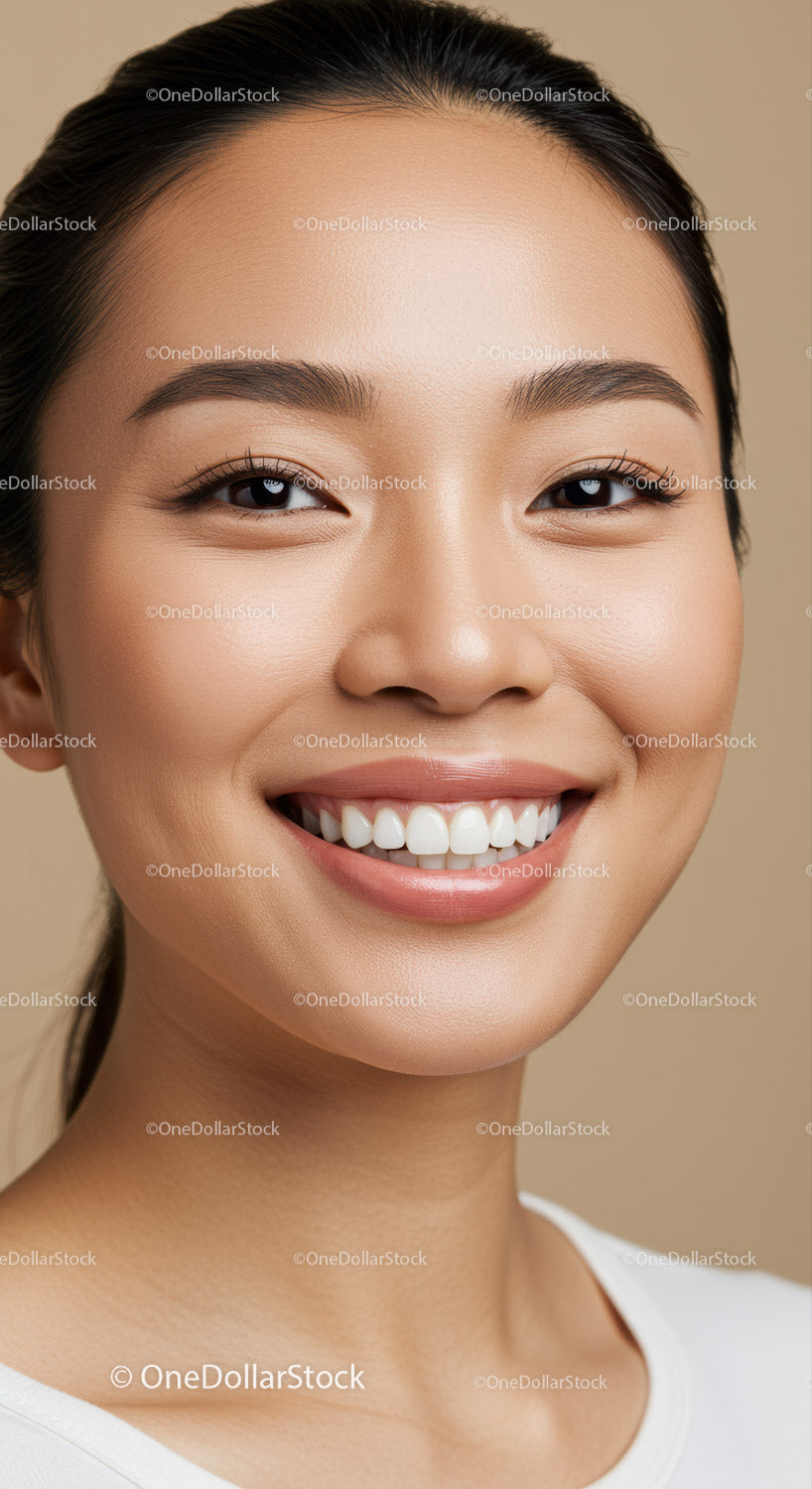 Portret uśmiechniętej młodej kobiety z naturalnym makijażem