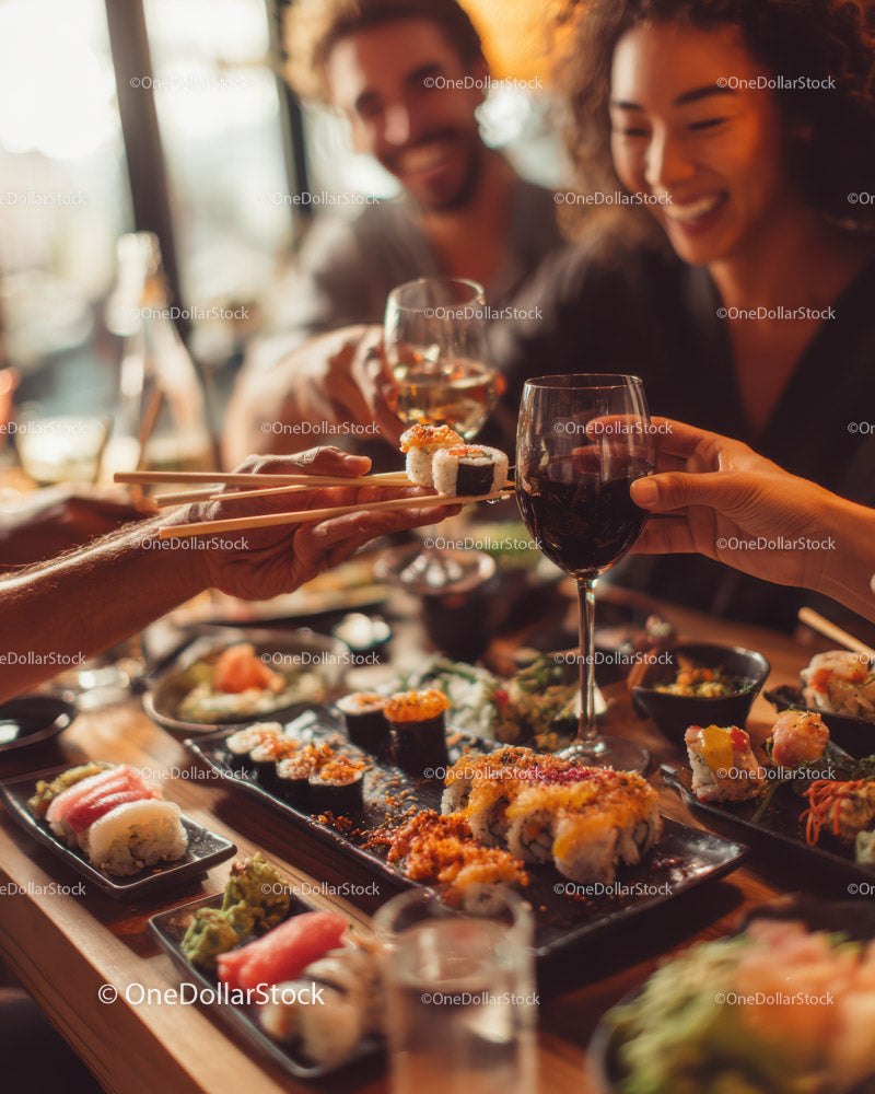Tętniąca życiem impreza sushi z przyjaciółmi i winem w nowoczesnej restauracji