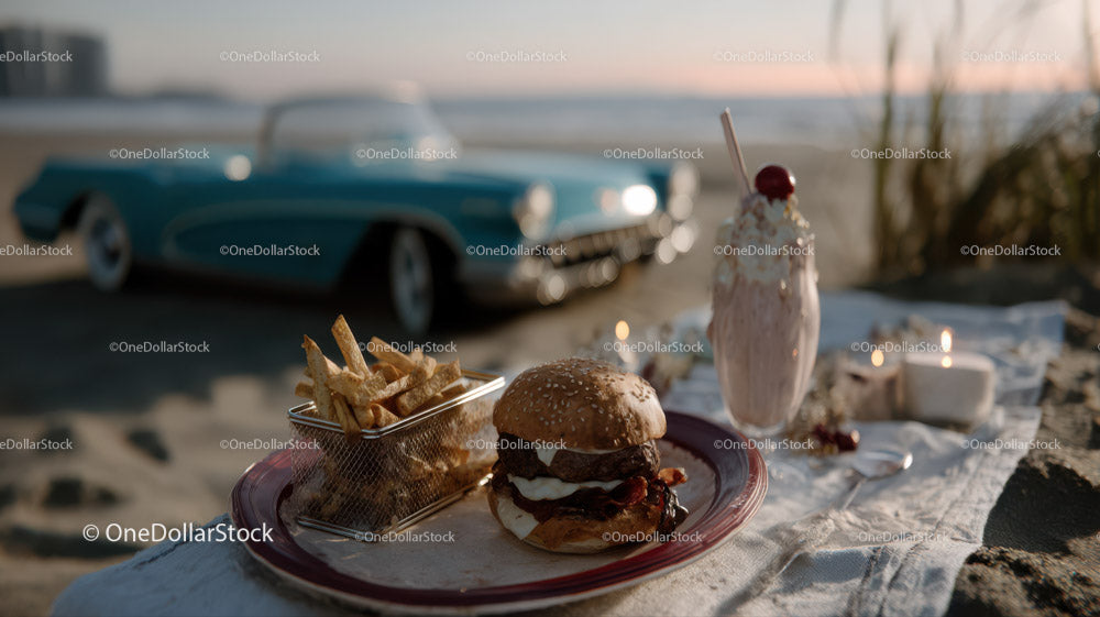 Beachside Picnic Scene with Classic Car and Gourmet Burger