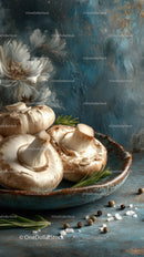 Fresh White Mushrooms on an Elegant Rustic Plate