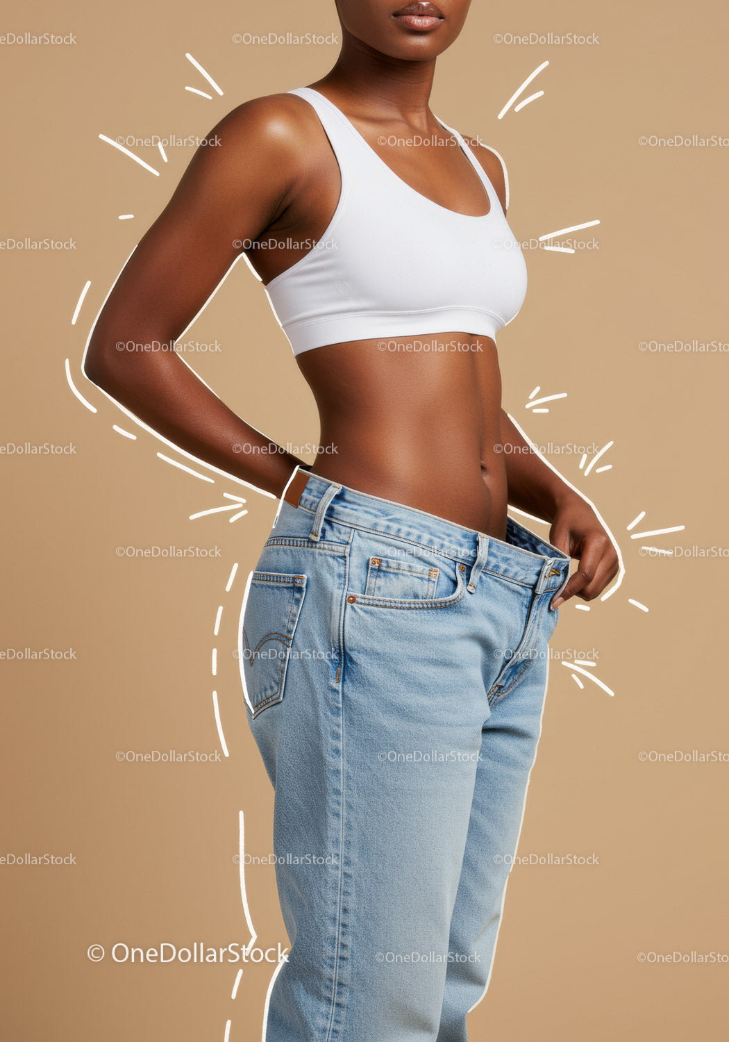 Slim Woman in White Sports Bra and Baggy Denim Jeans Showing Waist