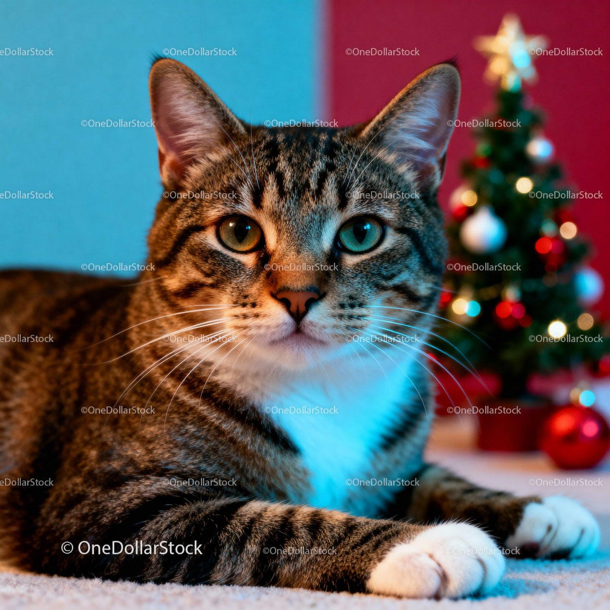 Tabby Cat Relaxing Near Decorated Christmas Tree