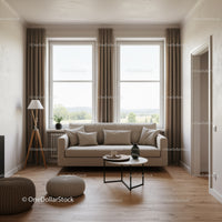 Bright Minimalist Living Room with Beige Sofa and Large Windows