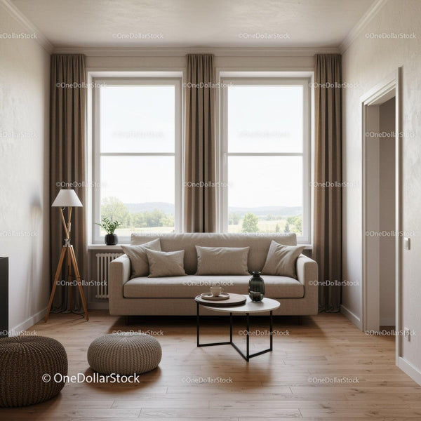 Bright Minimalist Living Room with Beige Sofa and Large Windows