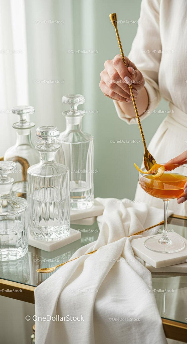 Elegant Glass Decanters and Cocktail with Orange Peel on Gold Spoon
