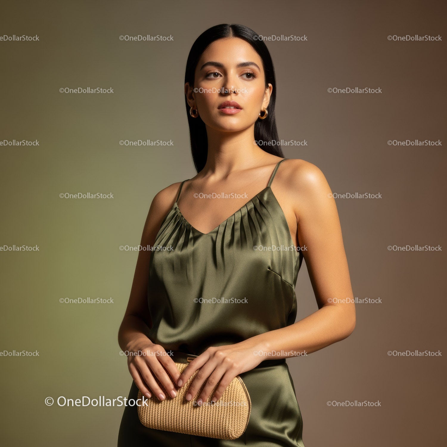 Elegant Woman Wearing Satin Dress with Stylish Accessories and Confident Pose