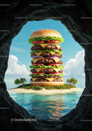 Giant cheeseburger tower on tropical island paradise