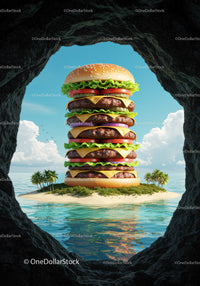 Giant cheeseburger tower on tropical island paradise