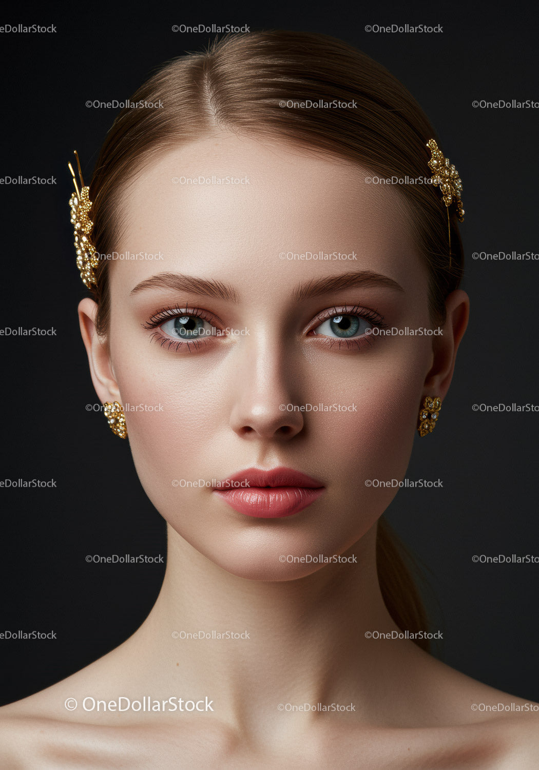 Elegant Portrait of a Woman with Gold Jewelry and Blue Eyes