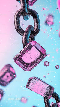 Close-up of Pink Ice Cubes and Metal Chain Links in Vibrant Composition