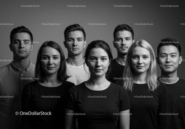 Różnorodne młode dorosłe osoby pewnie pozujące w czerni i bieli