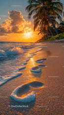 Sunset Over Tropical Beach with Palm Trees and Gentle Waves