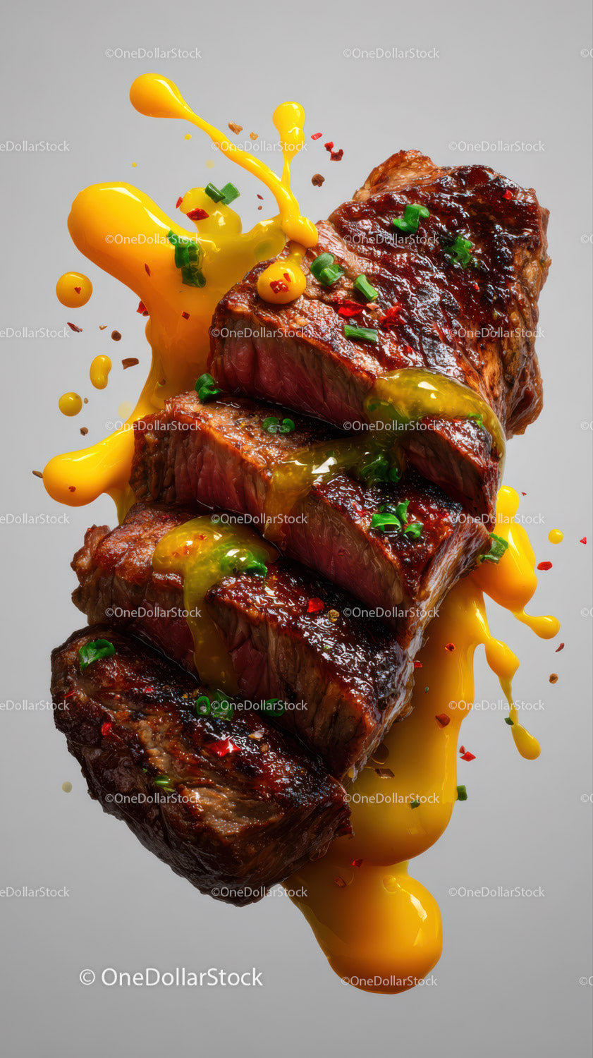 Juicy Grilled Steak with Sauce and Fresh Herbs