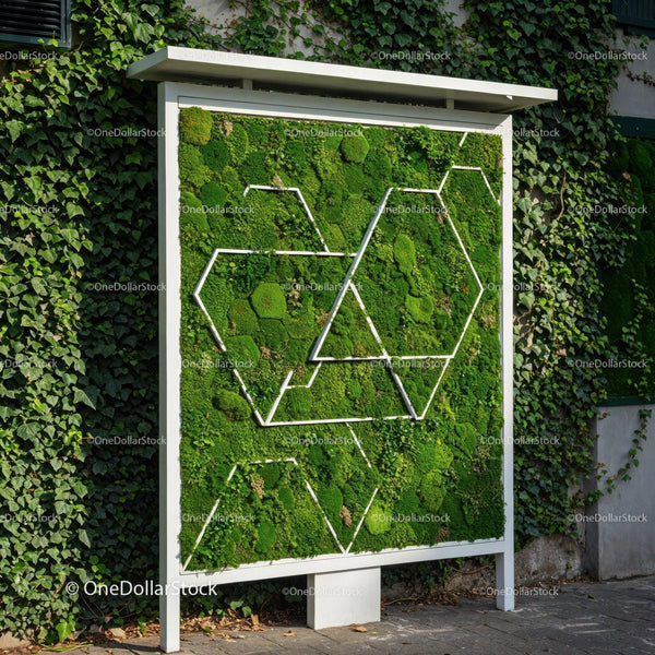 Modern Urban Green Moss Living Wall with Geometric Design JPG Mockup Image