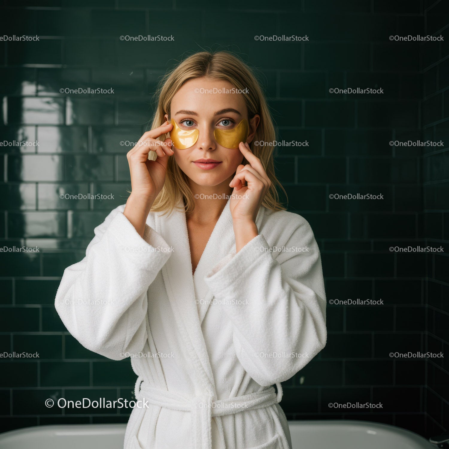 Młoda kobieta relaksująca się ze złotymi plastrami pod oczy w spa