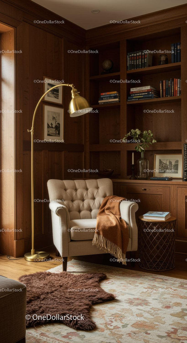 Cozy reading nook with armchair and warm lighting