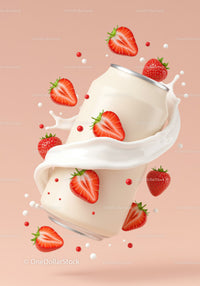 Refreshing Strawberry Drink Can with Splashing Milk